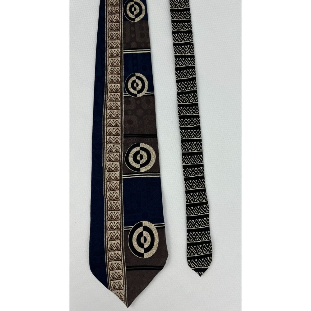Vintage Oscar De La Renta Silk Tie Geometric Abstract Tan Blue Made In USA 4" - Picture 2 of 9